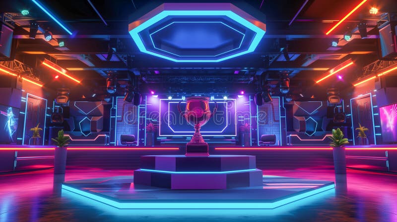 Championship trophy on neon stage